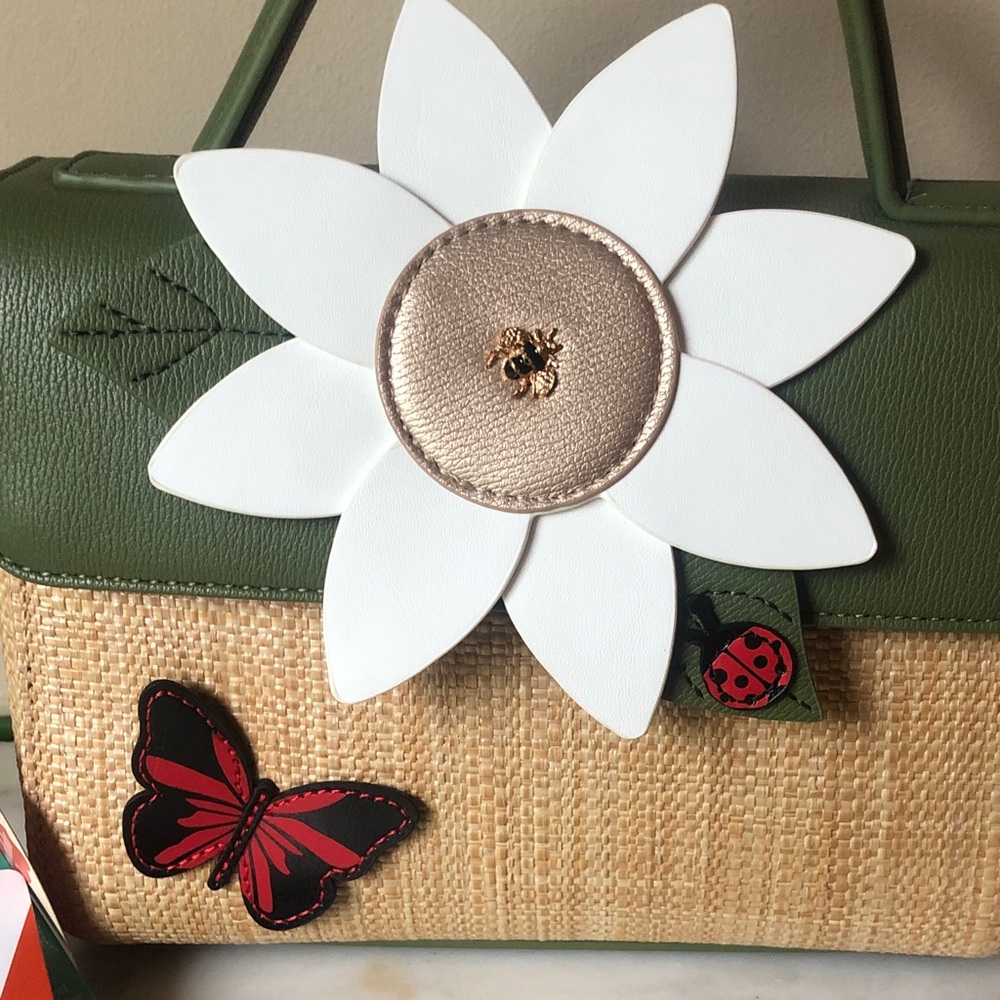 Vendula London RARE Olive Green Floral Applique Straw Top-Handle Bag NWT - Picture 5 of 11